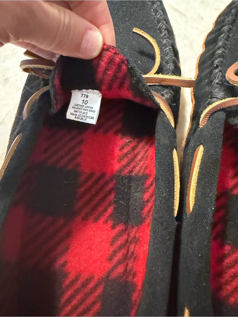 Men's Black Minnetonka Moccasin Slippers with Red Plaid Lining